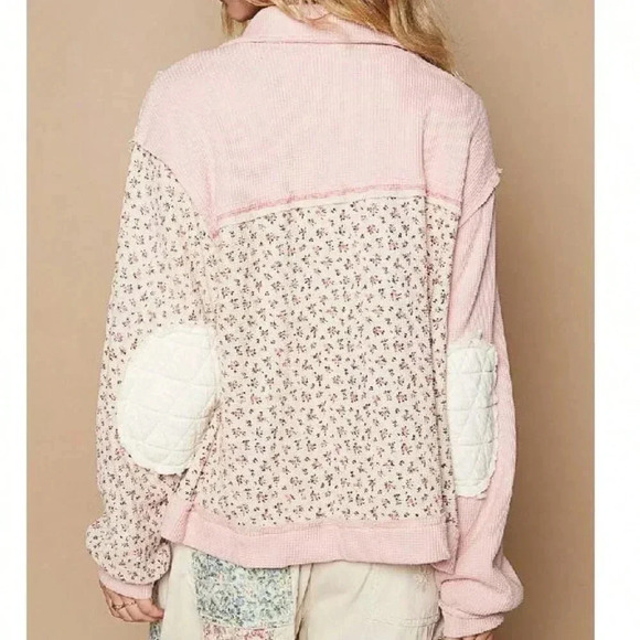 Pink Multi Casual Women's Floral Exposed Seam Button Up Quilted Jacket - Picture 3 of 5